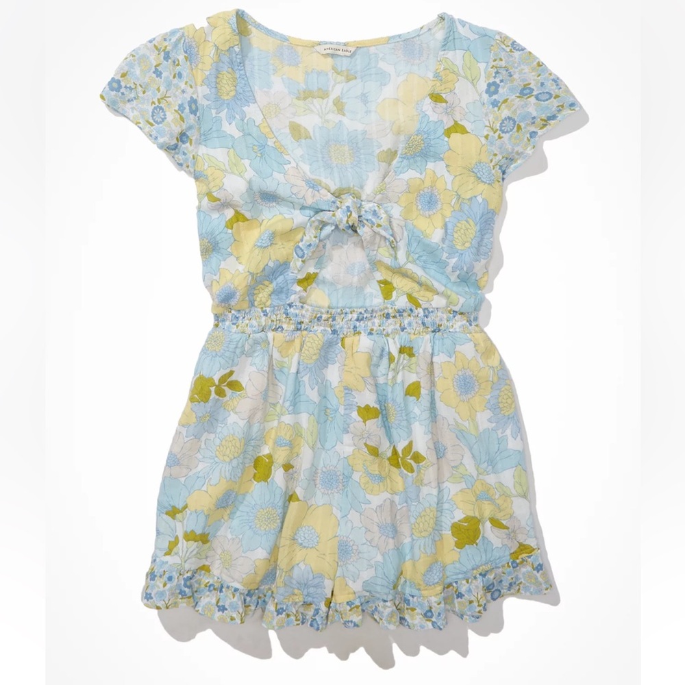 NWT American Eagle Romper Floral Cut-Out Tie-Front Women’s XS Blue Yellow